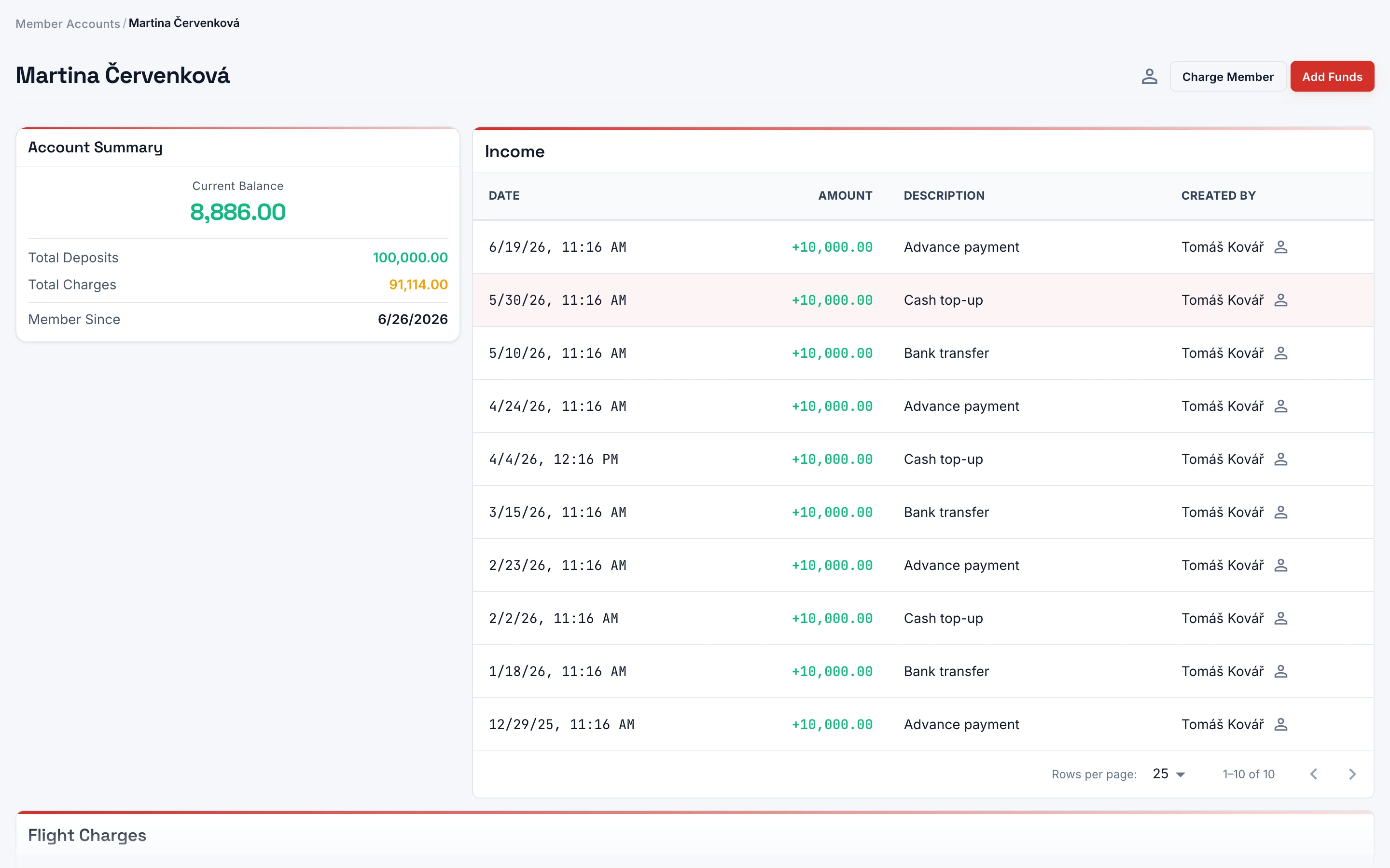 A member account, with each flight charged from the club price list.